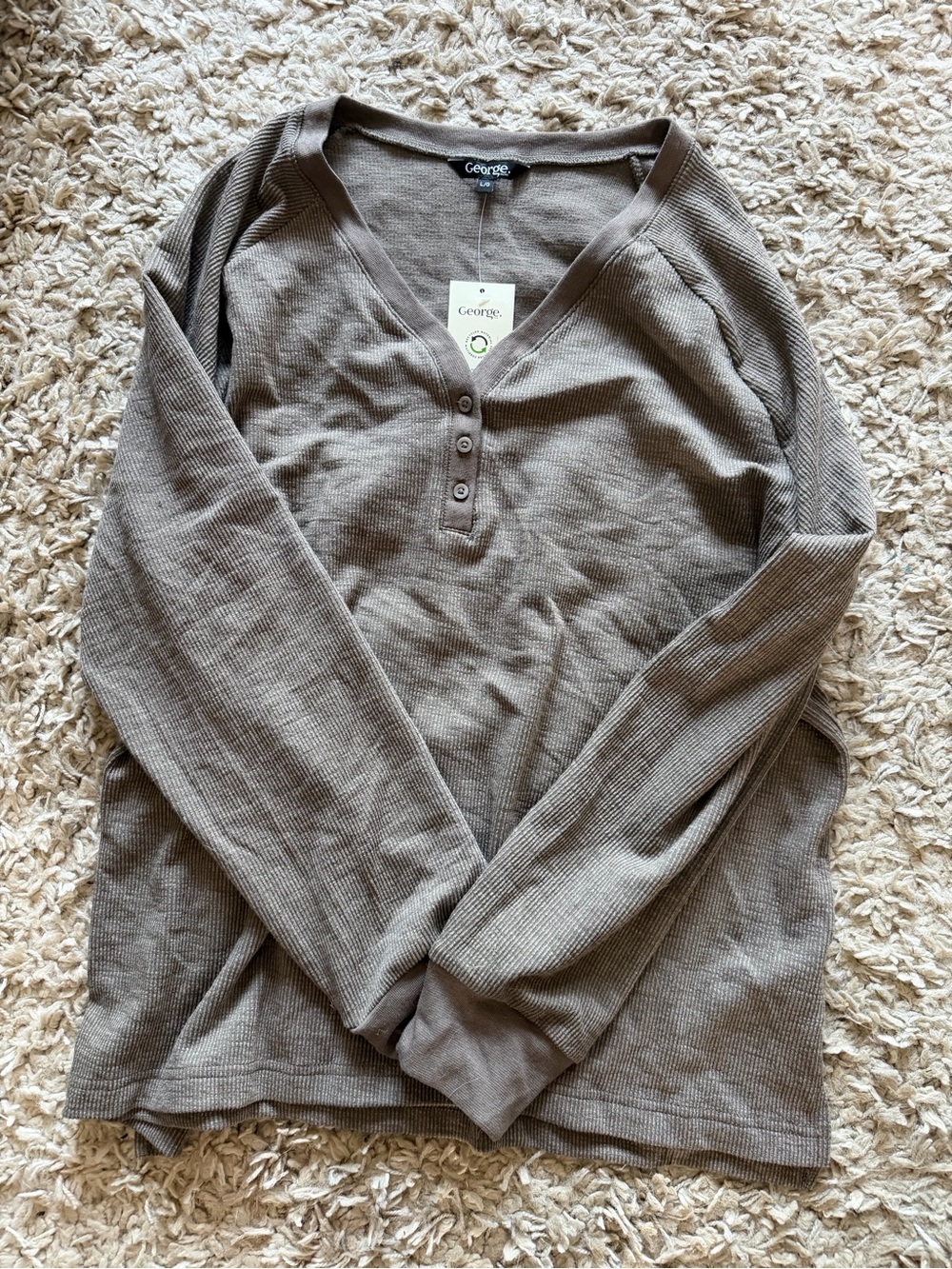 George Ribbed V-Neck Waffle Knit Top in Taupe Brown
